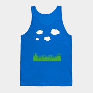 cloud and grass, white clouds green grass blue tee, sky t-shirt, blue sky cloud and grass, retro 8-bit clouds Tank Top